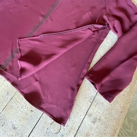Lafayette 148 Silk & Leather Trim Blouse Burgundy Red Size 14 Large - Picture 4 of 6